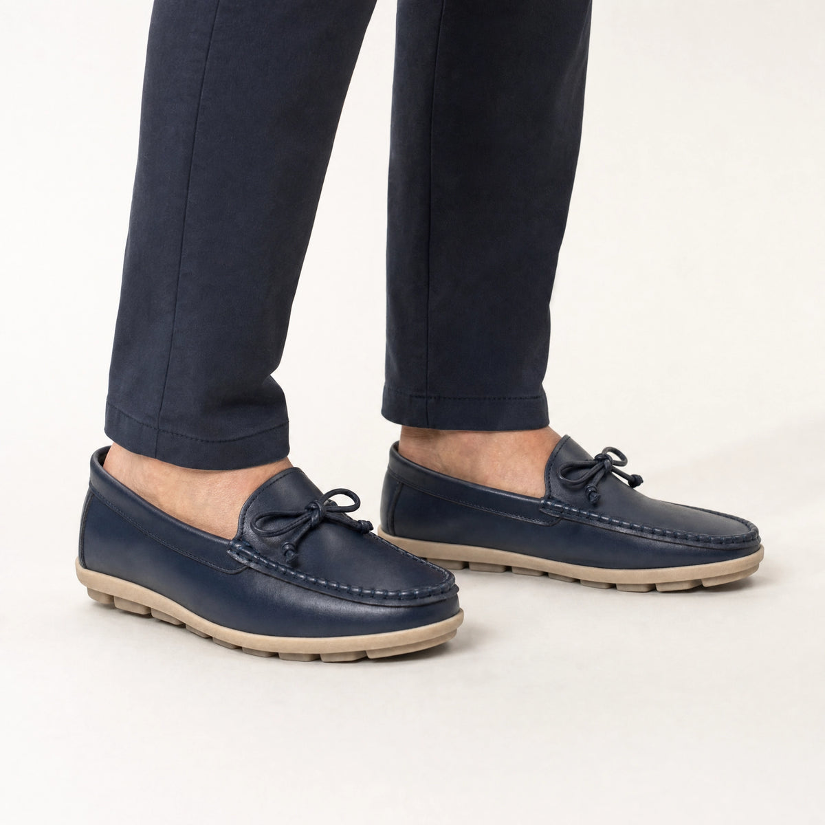 Navy Leather Bow Chunky Loafers