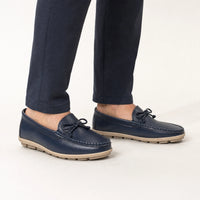 Navy Leather Bow Chunky Loafers