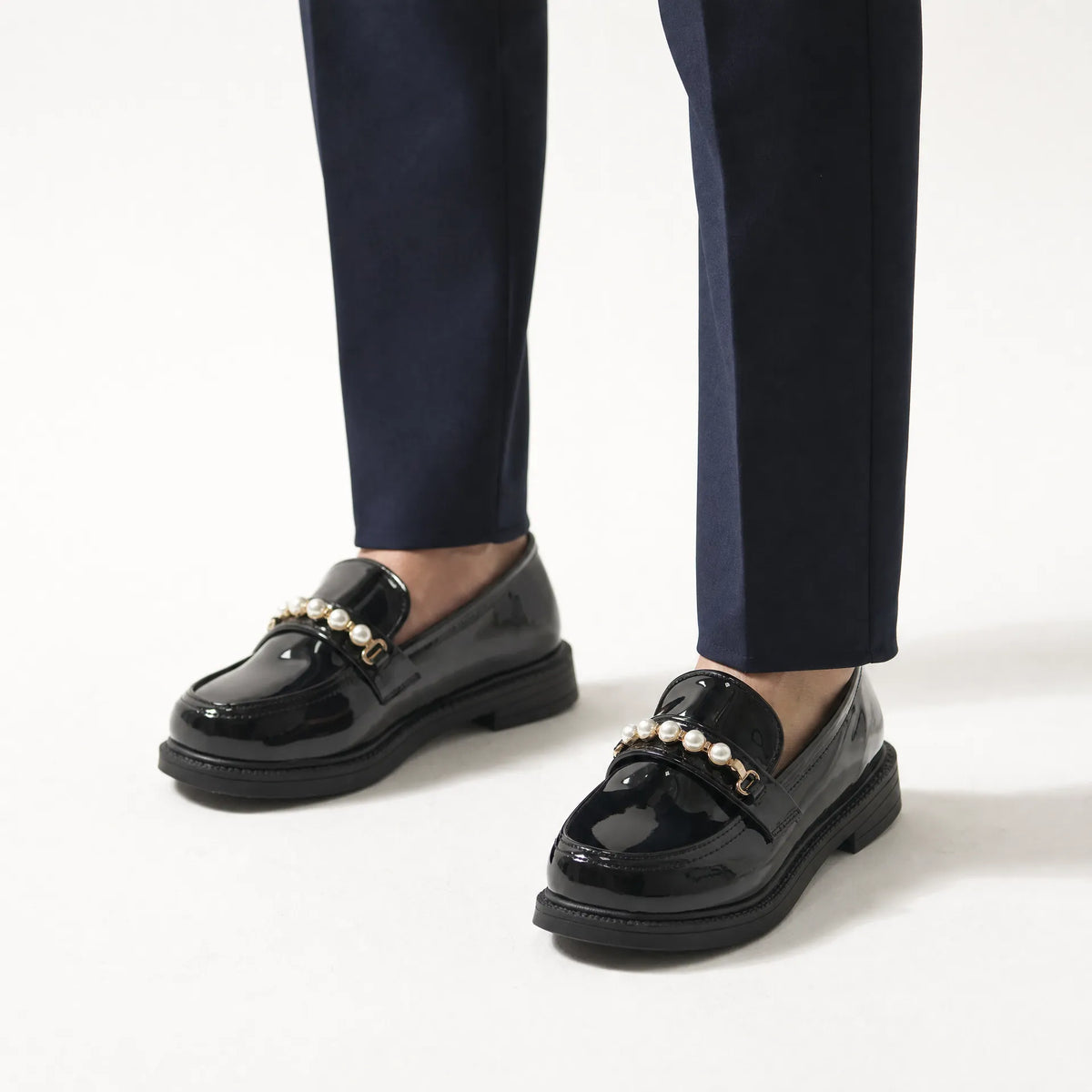 Gentry Morris Pearl Detail Black Loafers Chunky