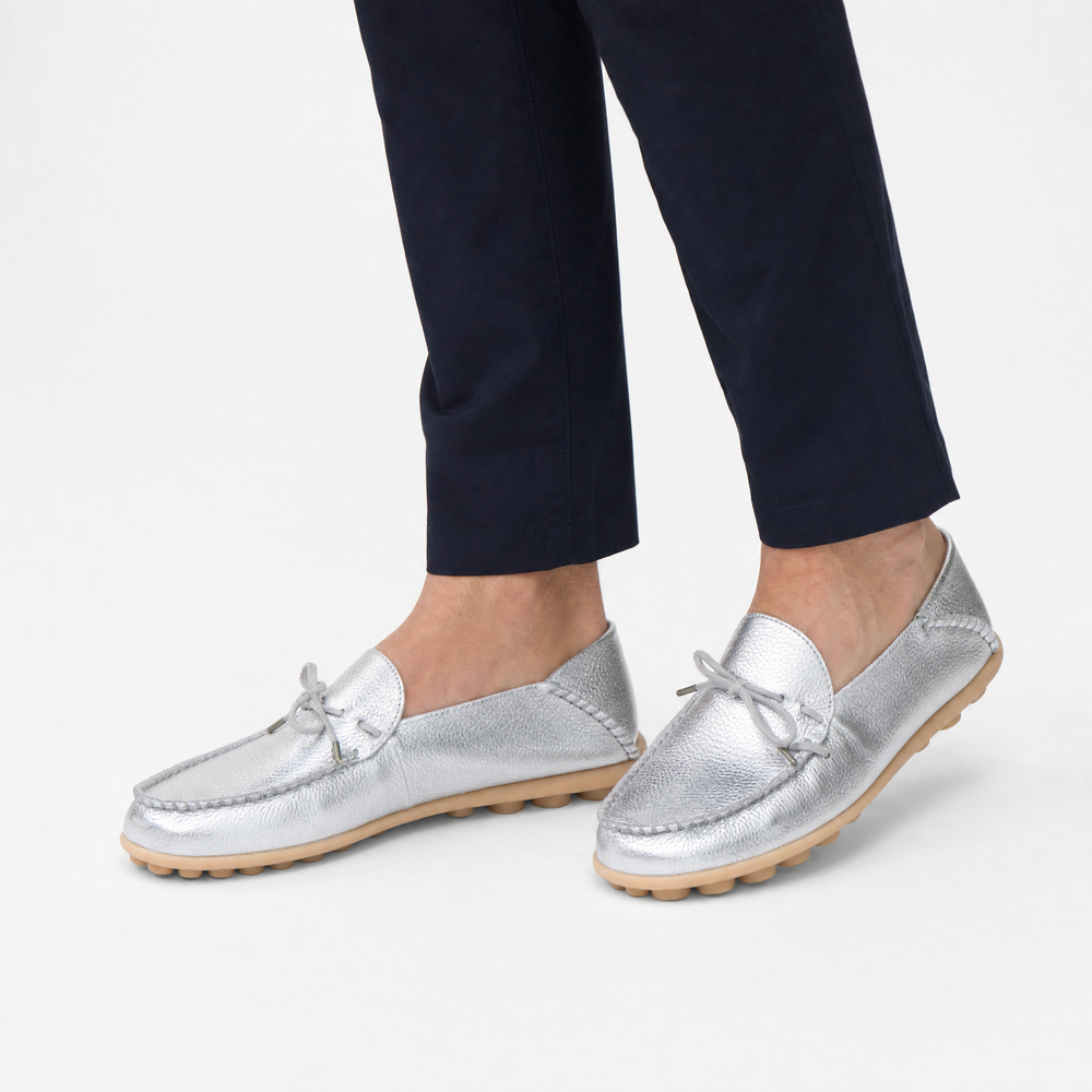 Silver Leather Driving Loafers