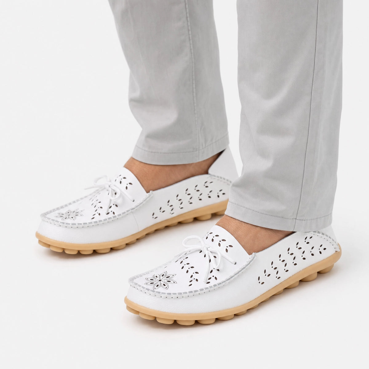 White Perforated Floral Loafers