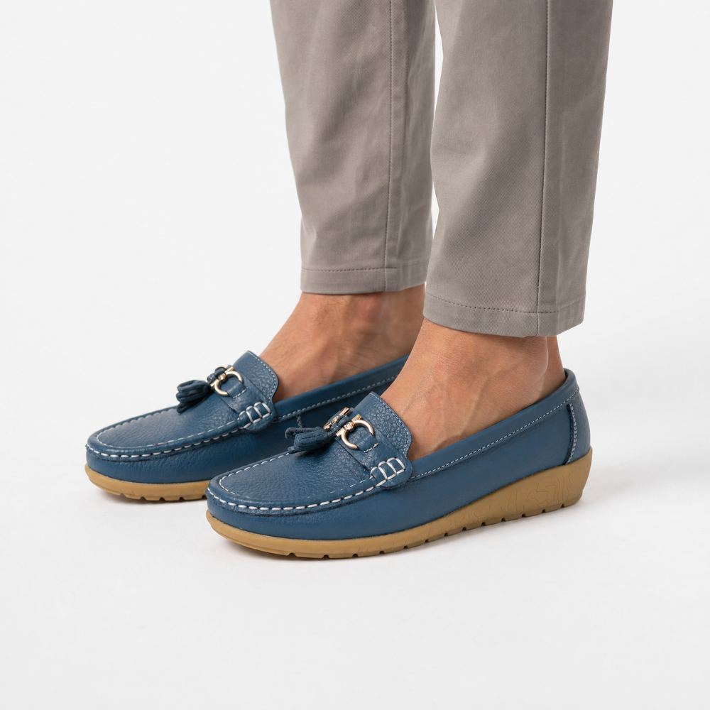 Blue Tassel Buckle Wedge Loafers