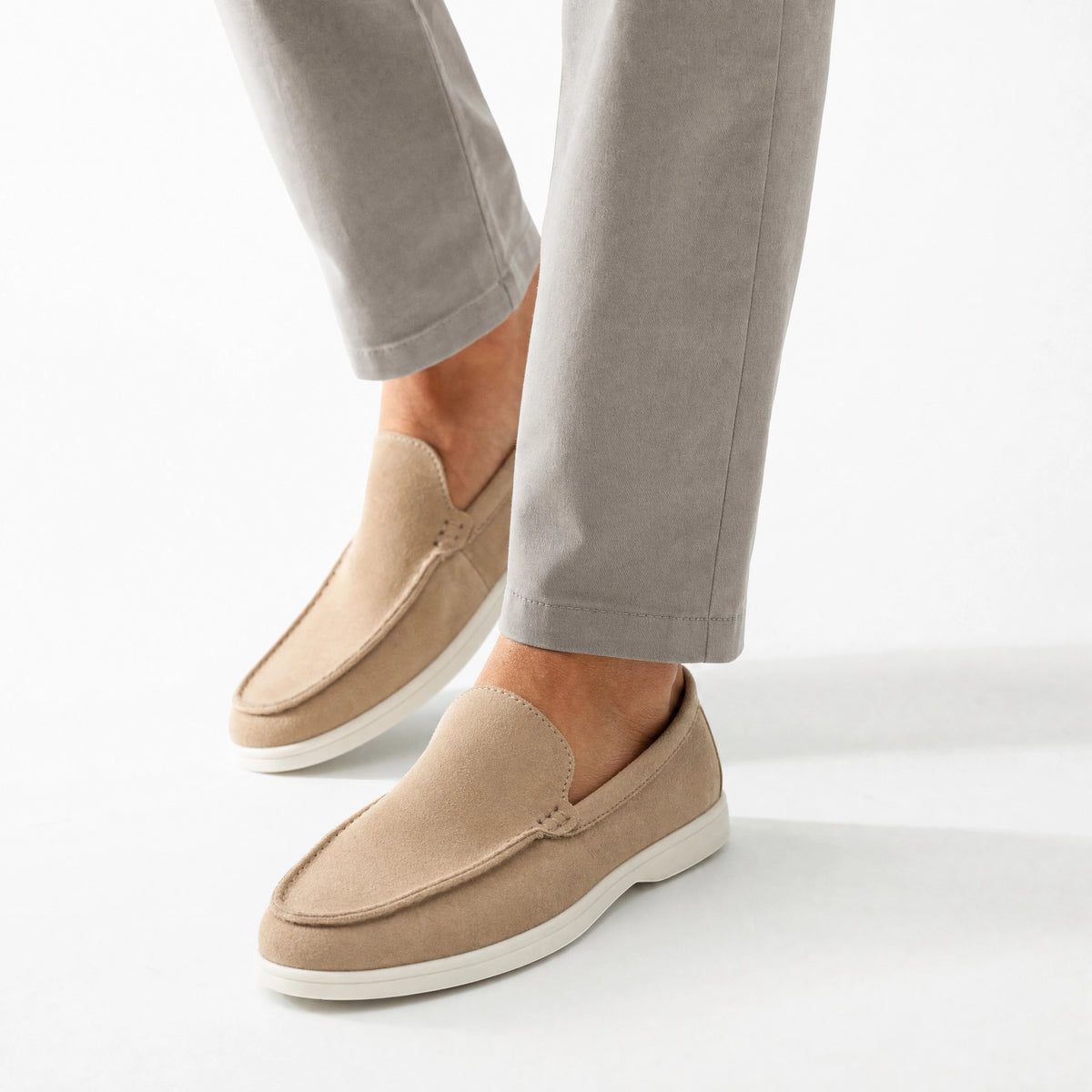 Beige Suede Braided Trim Loafers