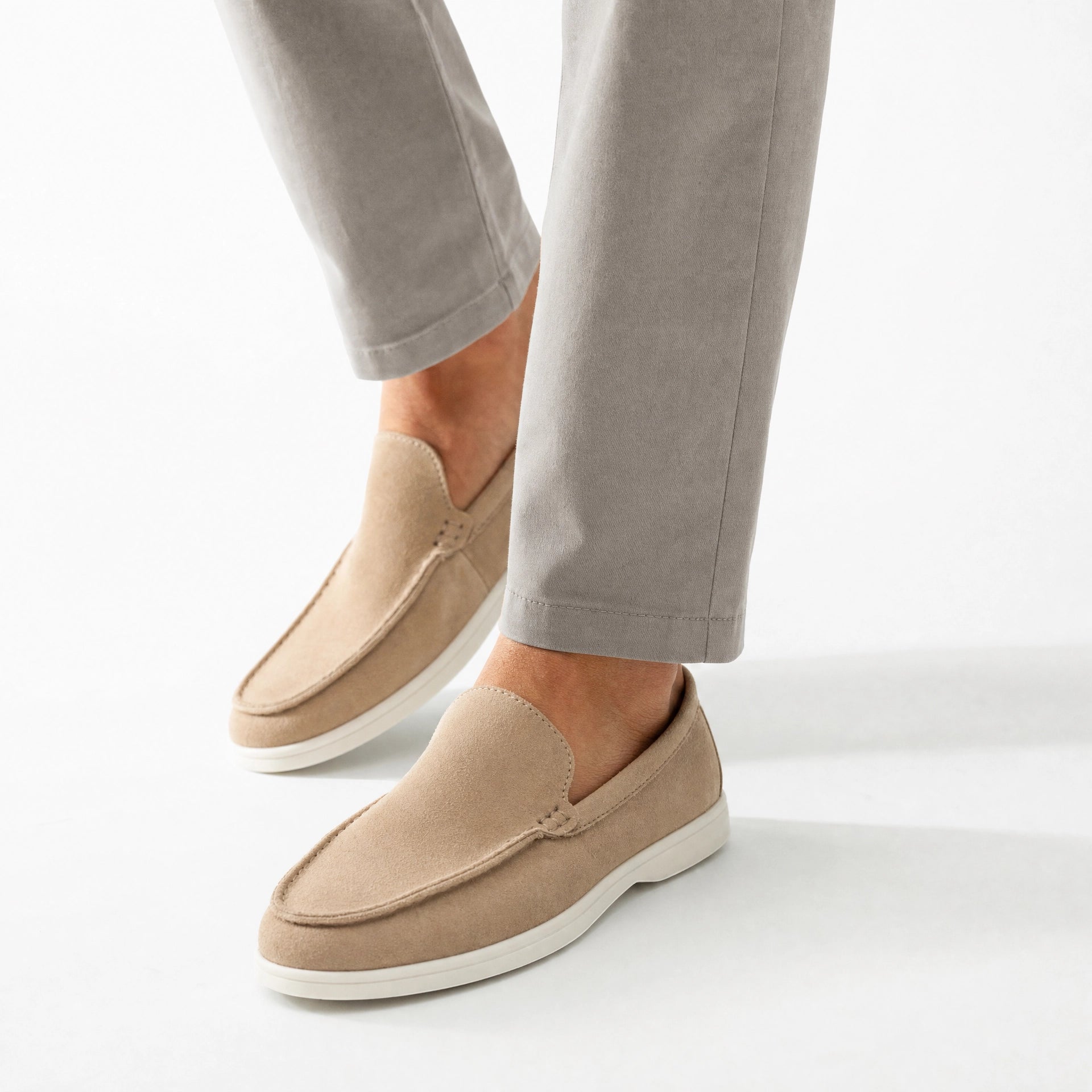 Beige Suede Braided Trim Loafers