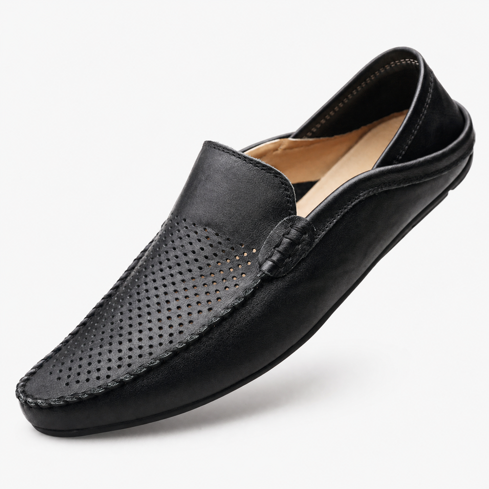 Black Breathable Leather Loafers