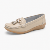 Beige Leather Tassel Buckle Loafers