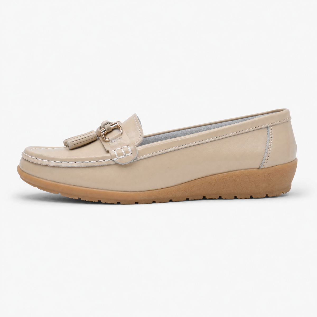 Beige Leather Tassel Buckle Loafers