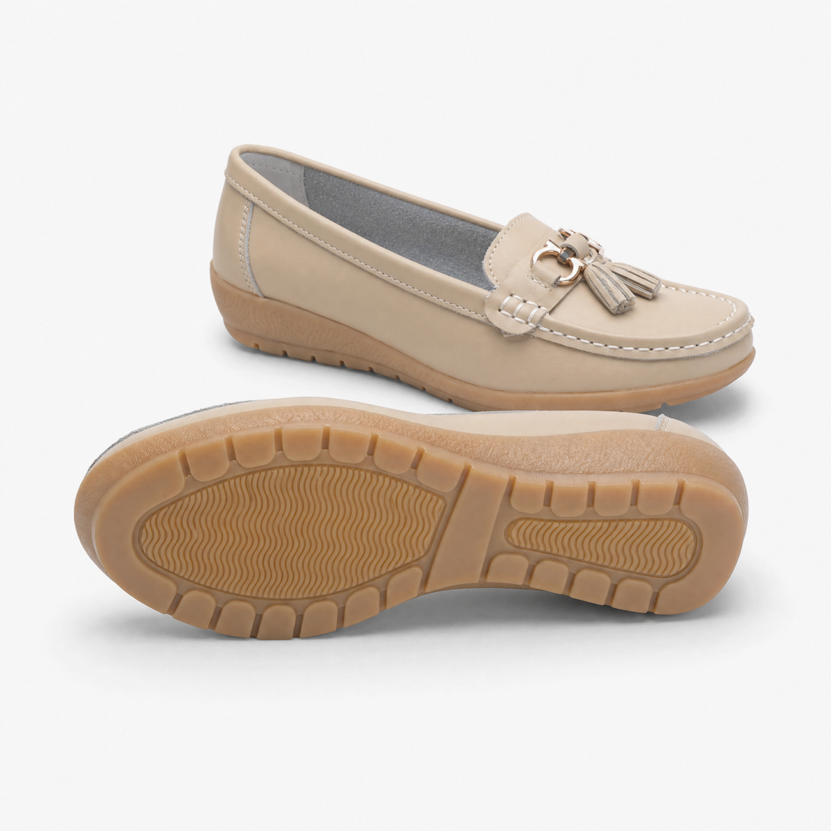 Beige Leather Tassel Buckle Loafers