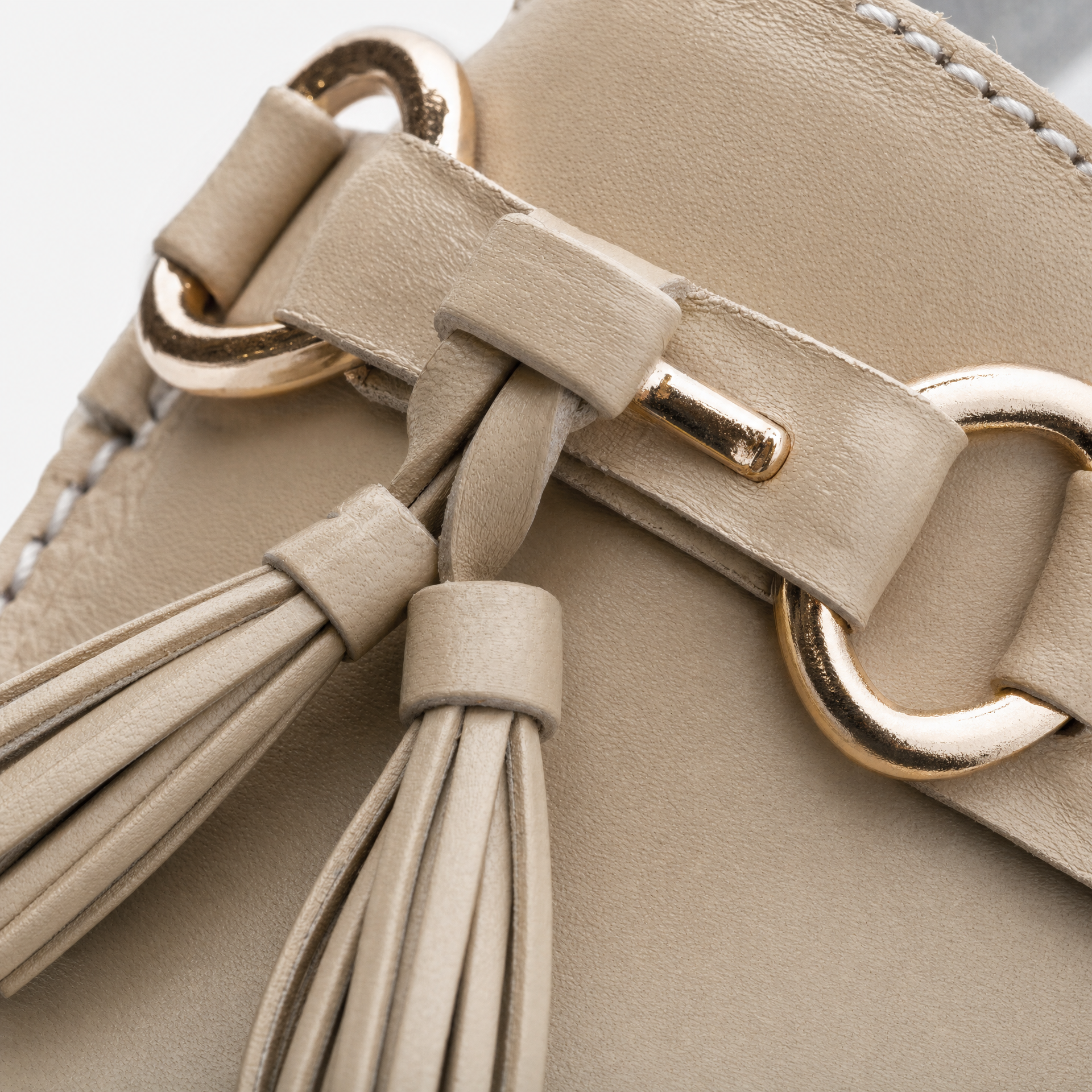 Beige Leather Tassel Buckle Loafers
