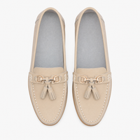 Beige Leather Tassel Buckle Loafers