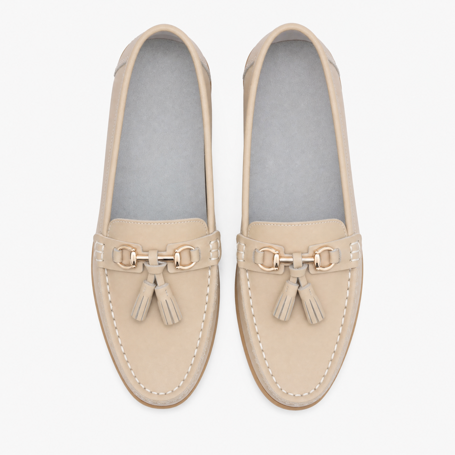 Beige Leather Tassel Buckle Loafers