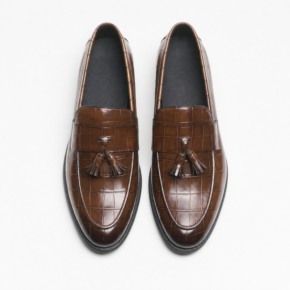 Embossed Tassel Loafers Square Toe