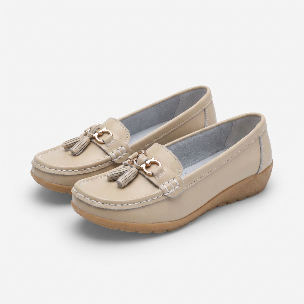 Beige Leather Tassel Buckle Loafers