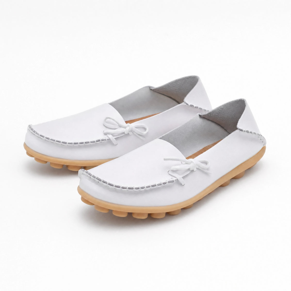 White Leather Studded Bow Loafers