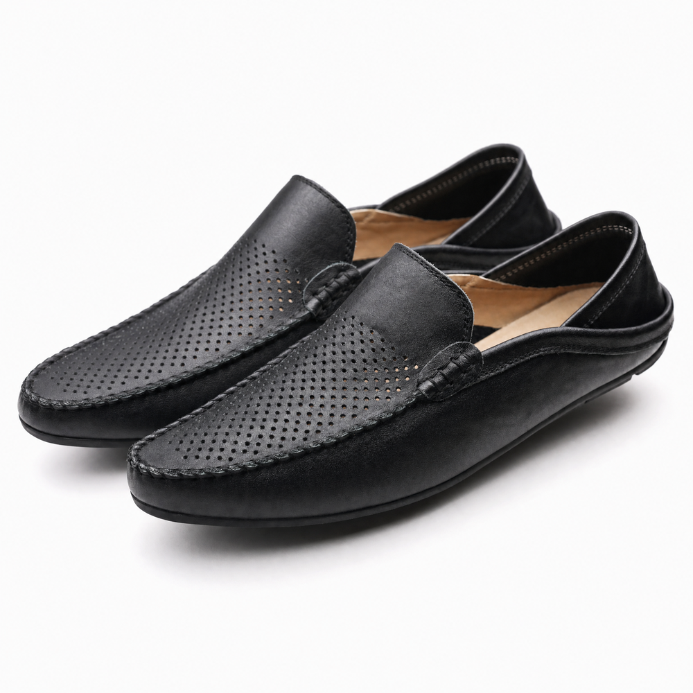 Black Breathable Leather Loafers