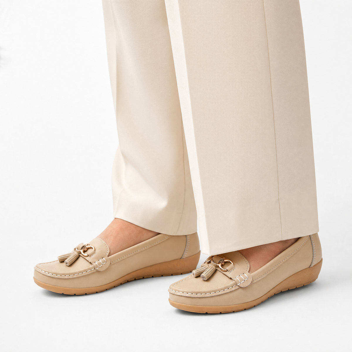 Beige Leather Tassel Buckle Loafers