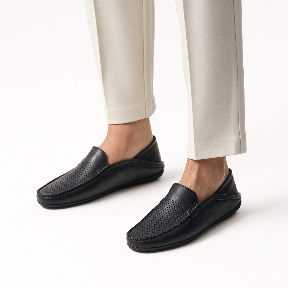 Black Breathable Leather Loafers
