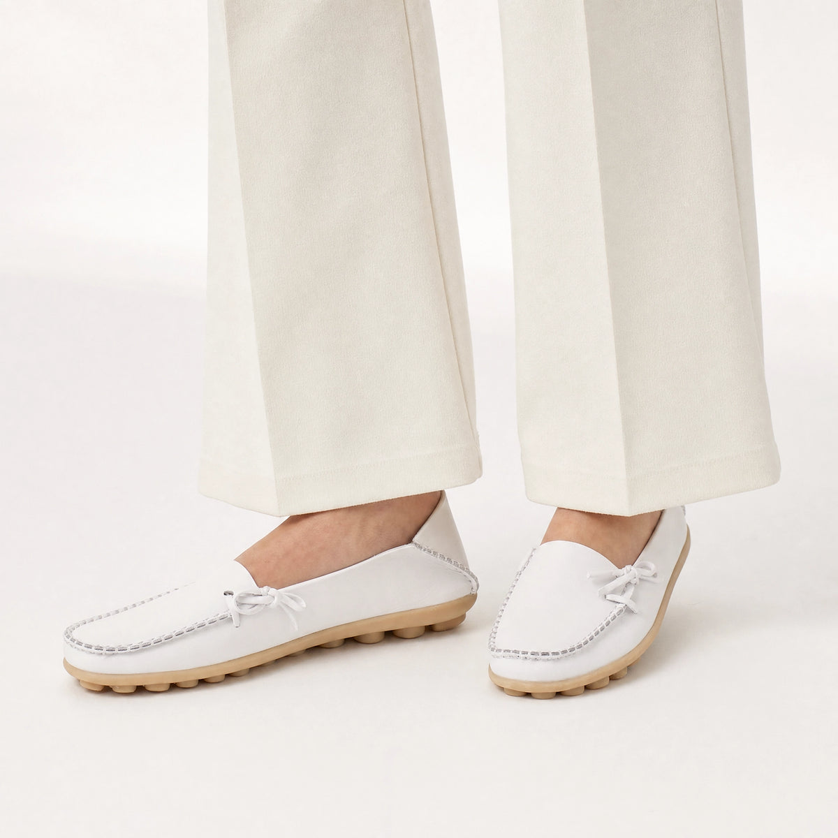 White Leather Studded Bow Loafers