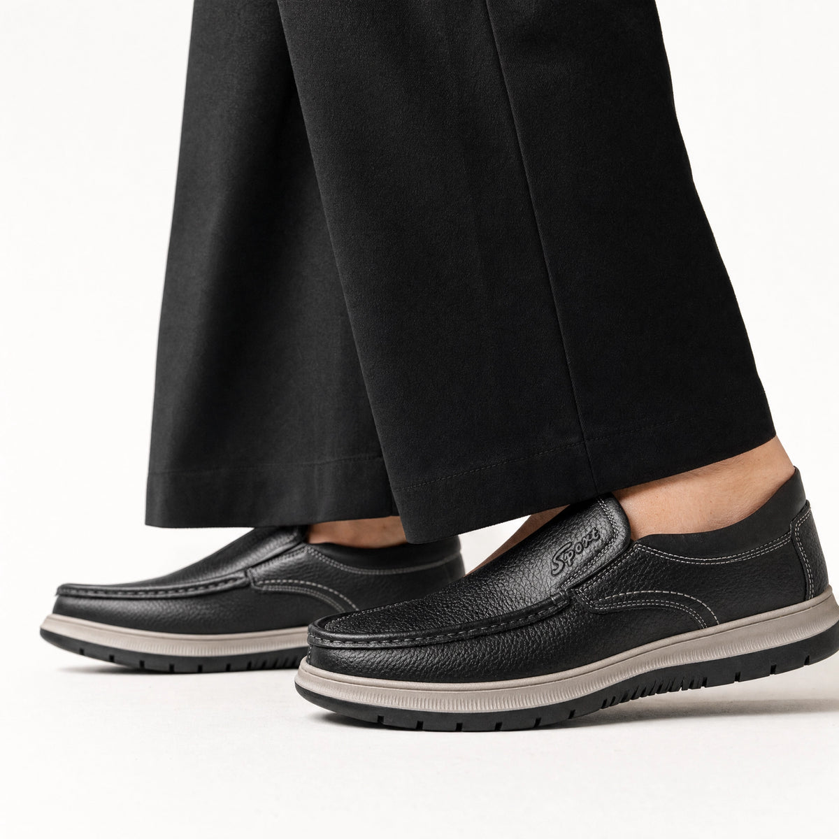 Black Leather Contrast Sole Loafers
