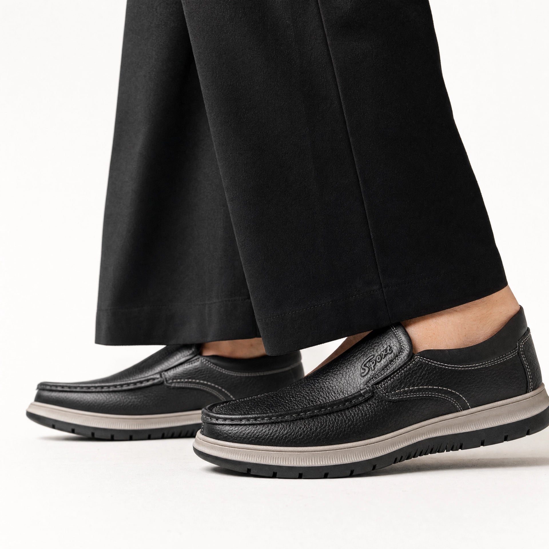 Black Leather Contrast Sole Loafers