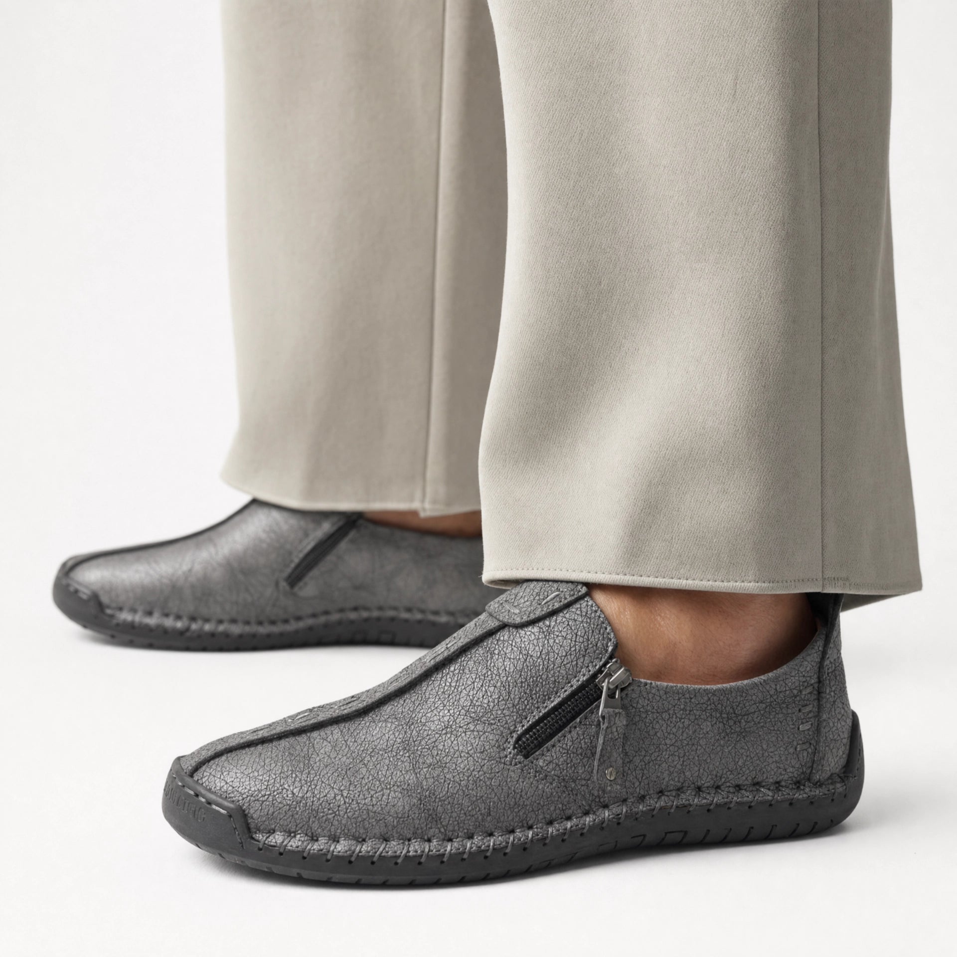Grey Textured Zip Loafers