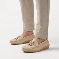 Beige Leather Tassel Buckle Loafers