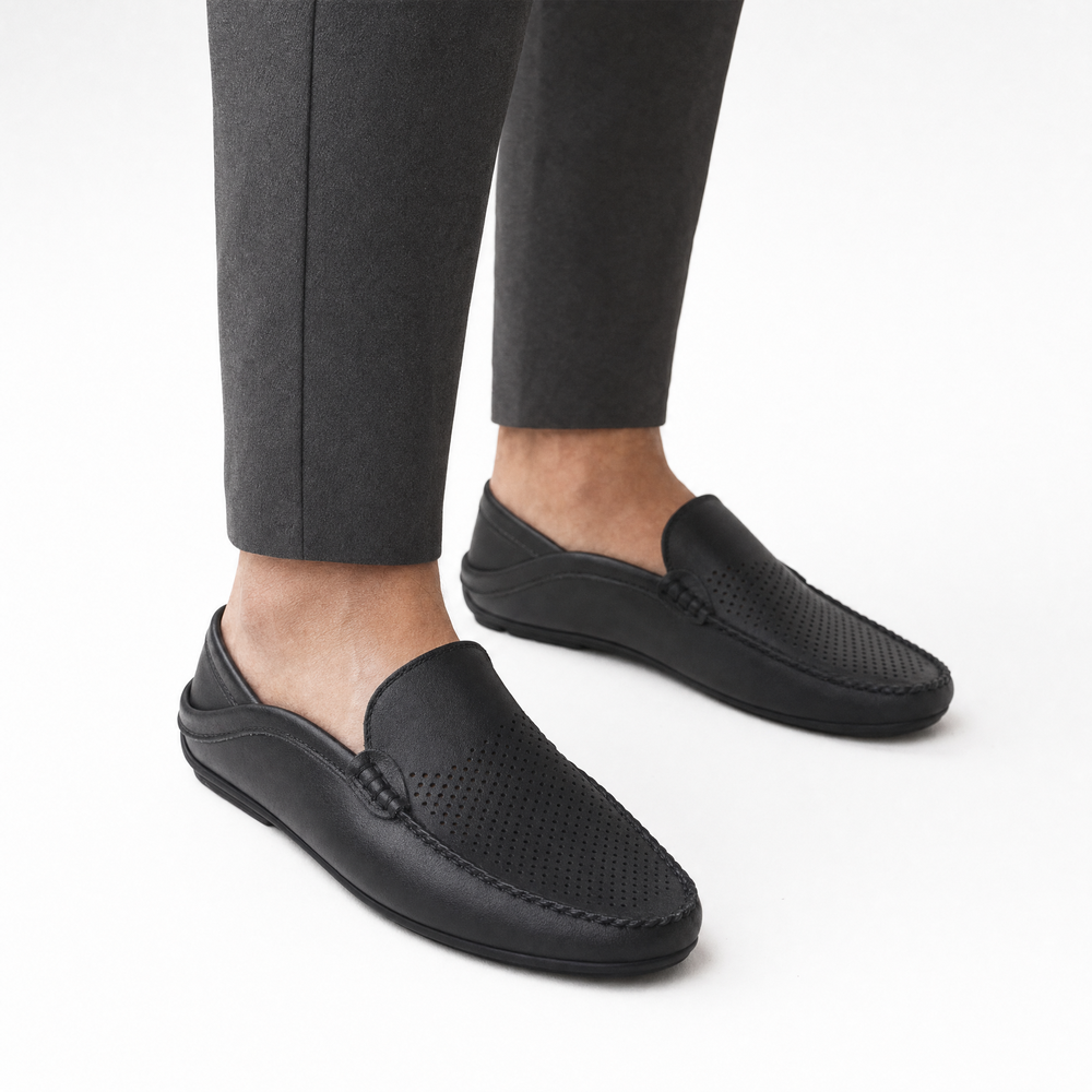 Black Breathable Leather Loafers