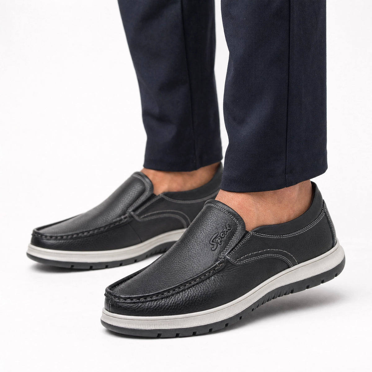 Black Leather Contrast Sole Loafers