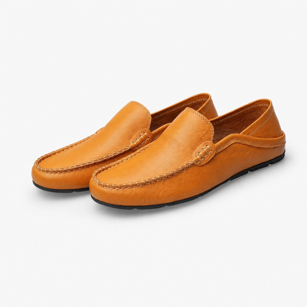 Camel Perforated Leather Loafers