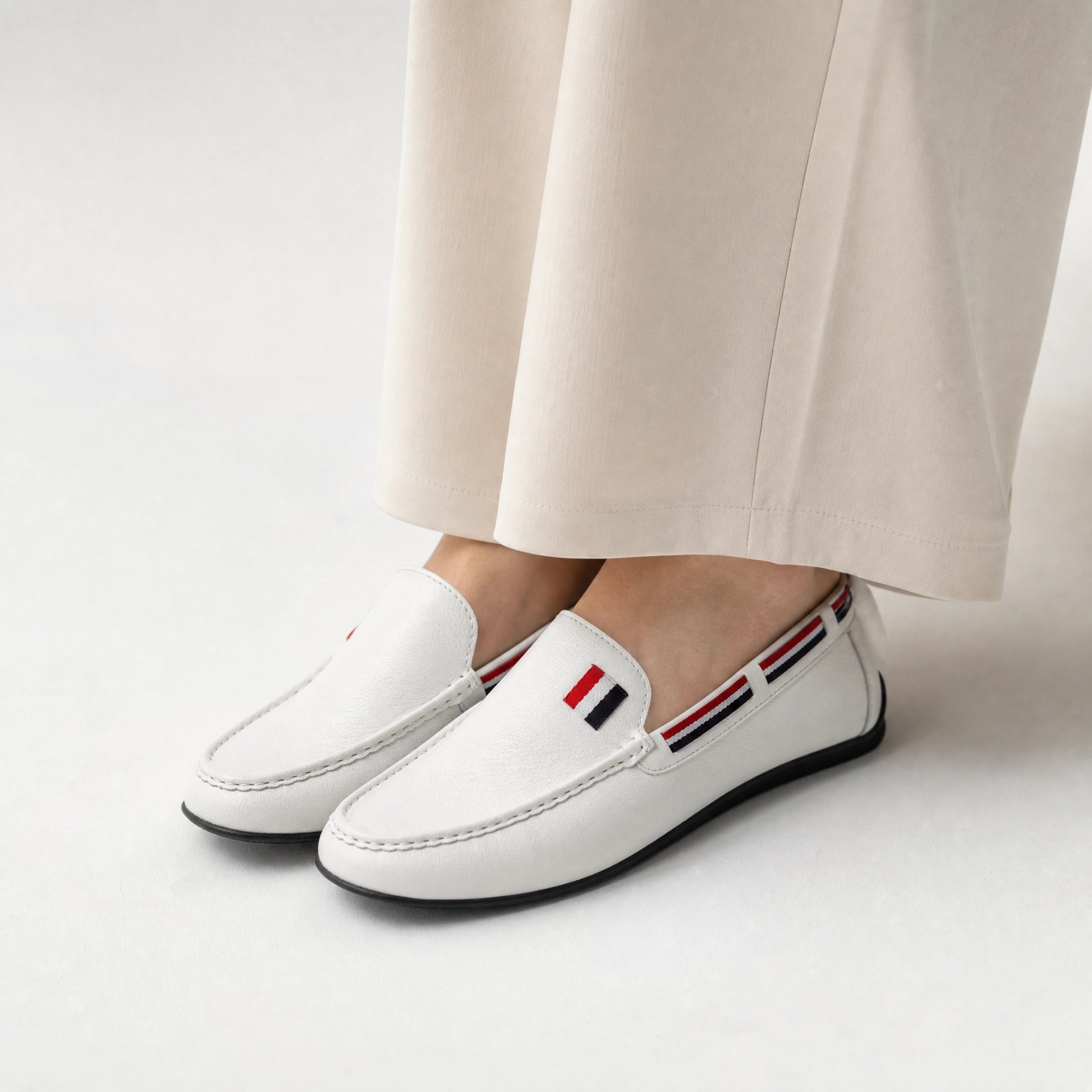 White Tricolour Leather Loafers
