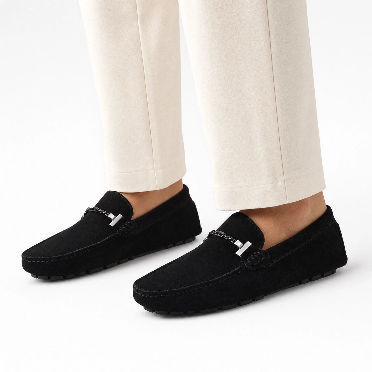 Black Suede Chain Studded Loafers