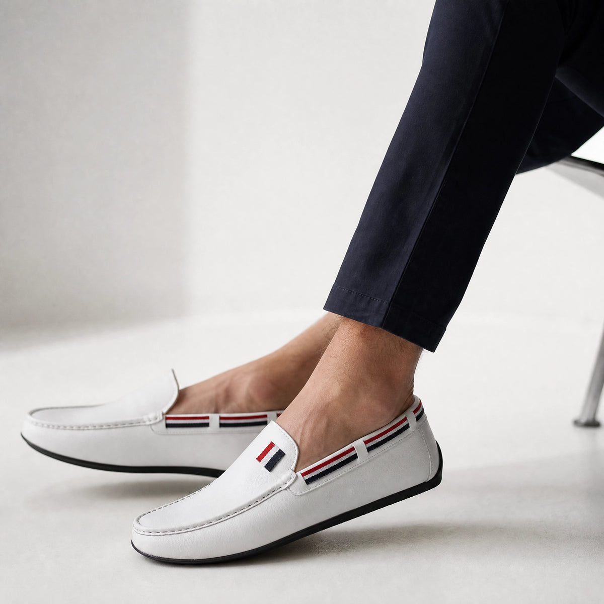 White Tricolour Leather Loafers