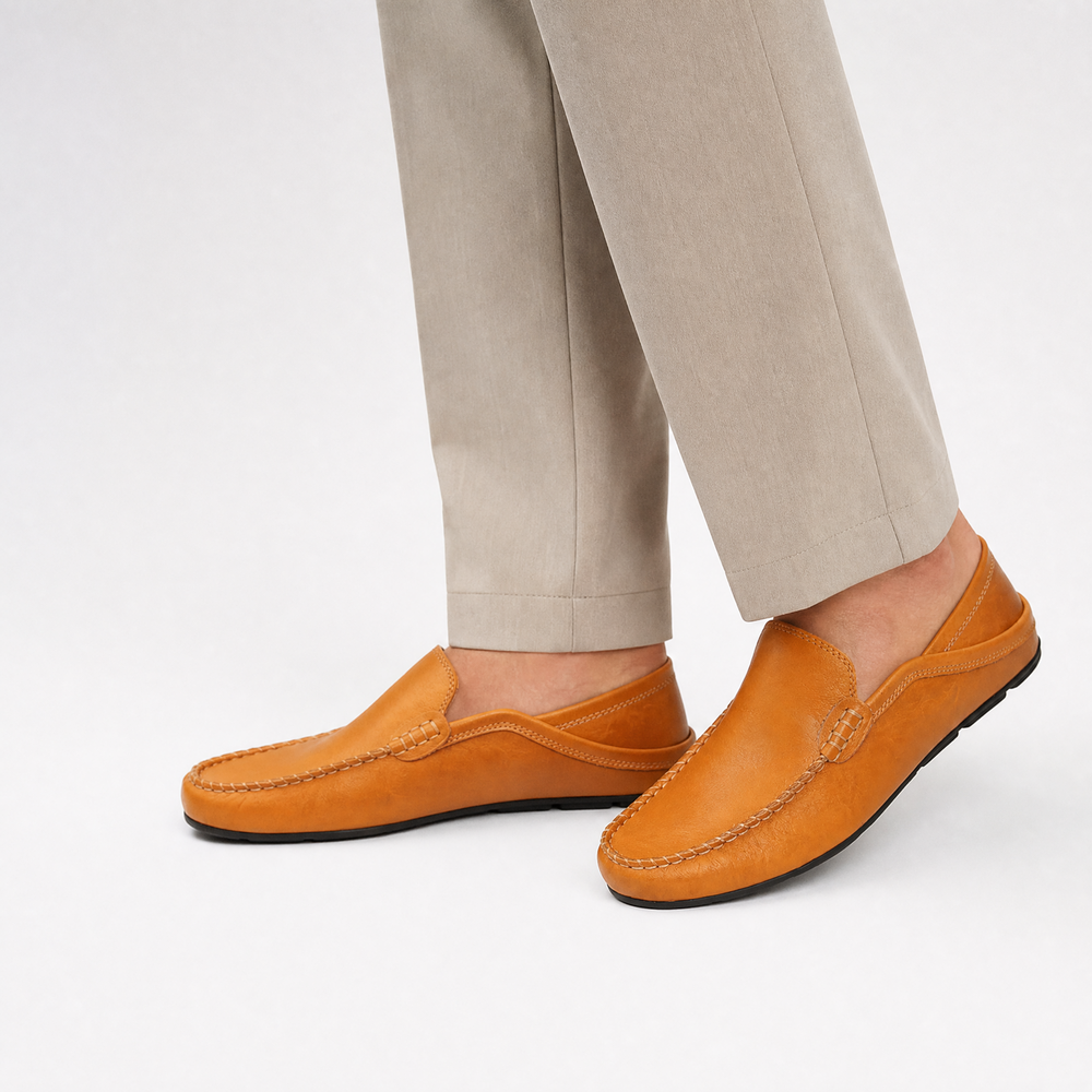 Camel Perforated Leather Loafers