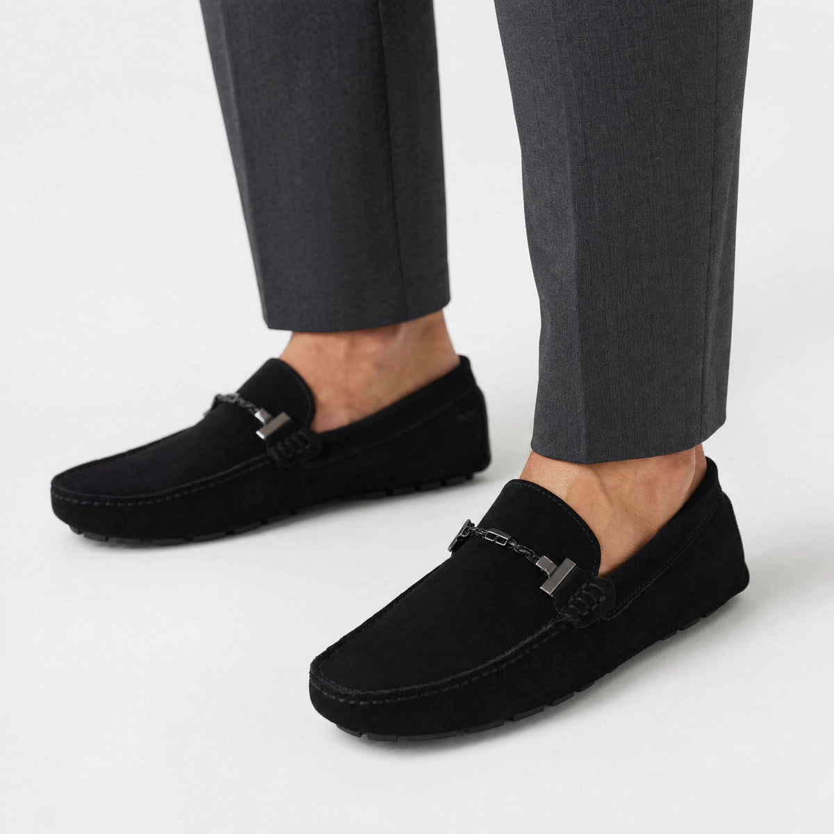 Black Suede Chain Studded Loafers