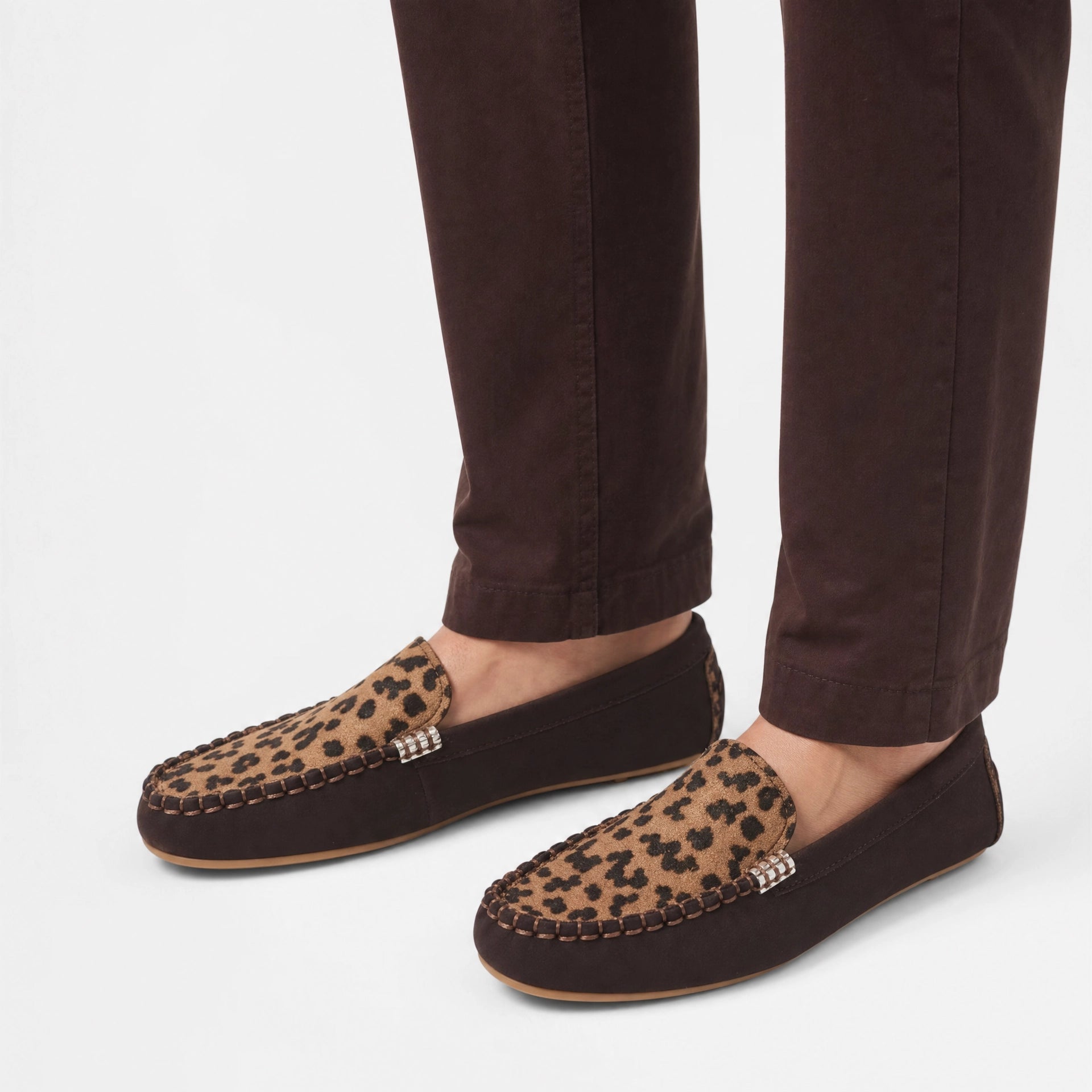 Brown Suede Leopard Saddle Loafers