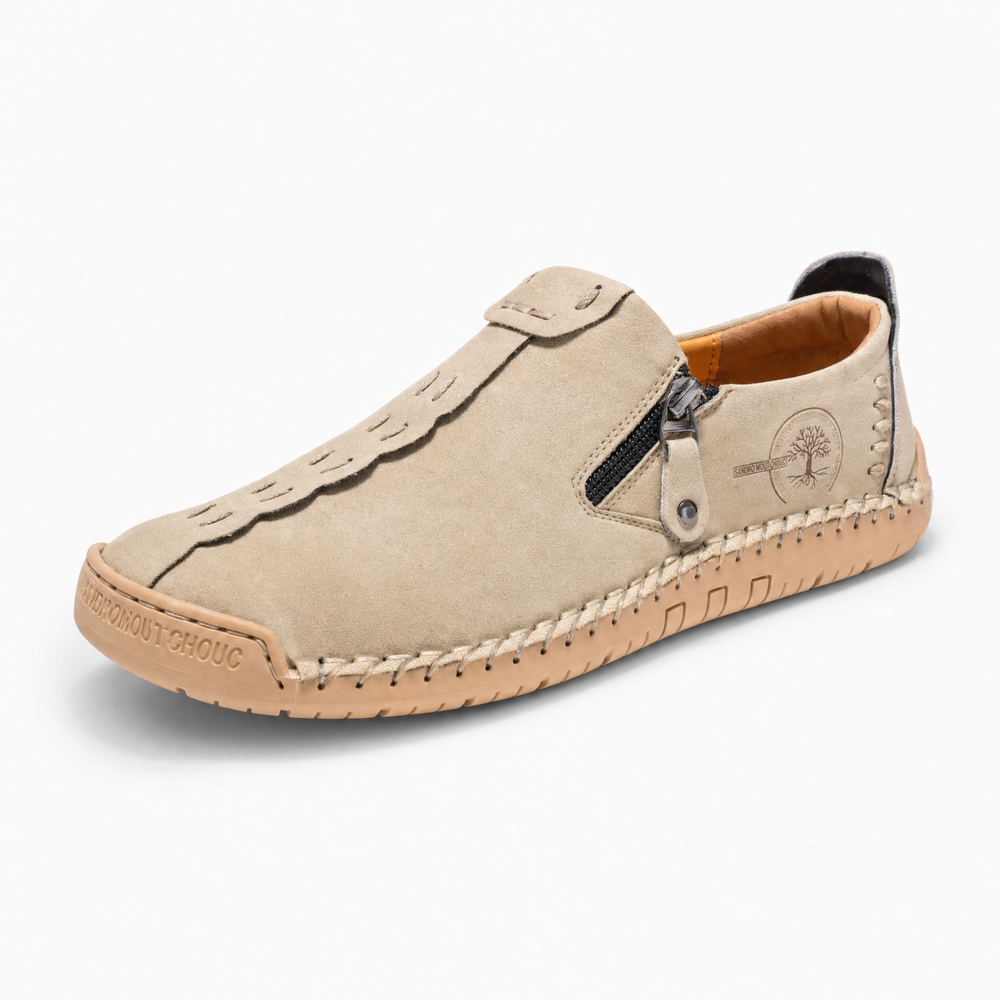 Beige Leather Zip Logo Loafers
