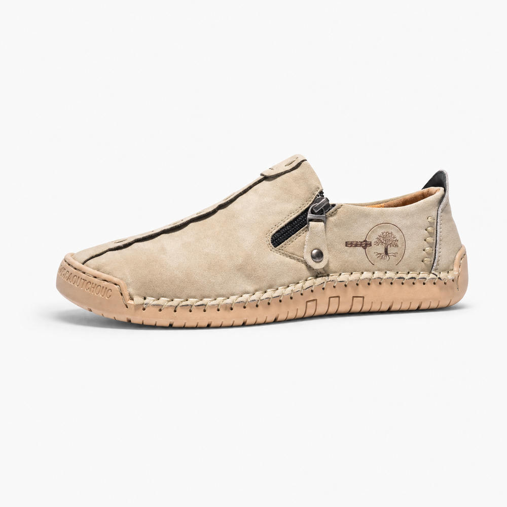 Beige Leather Zip Logo Loafers