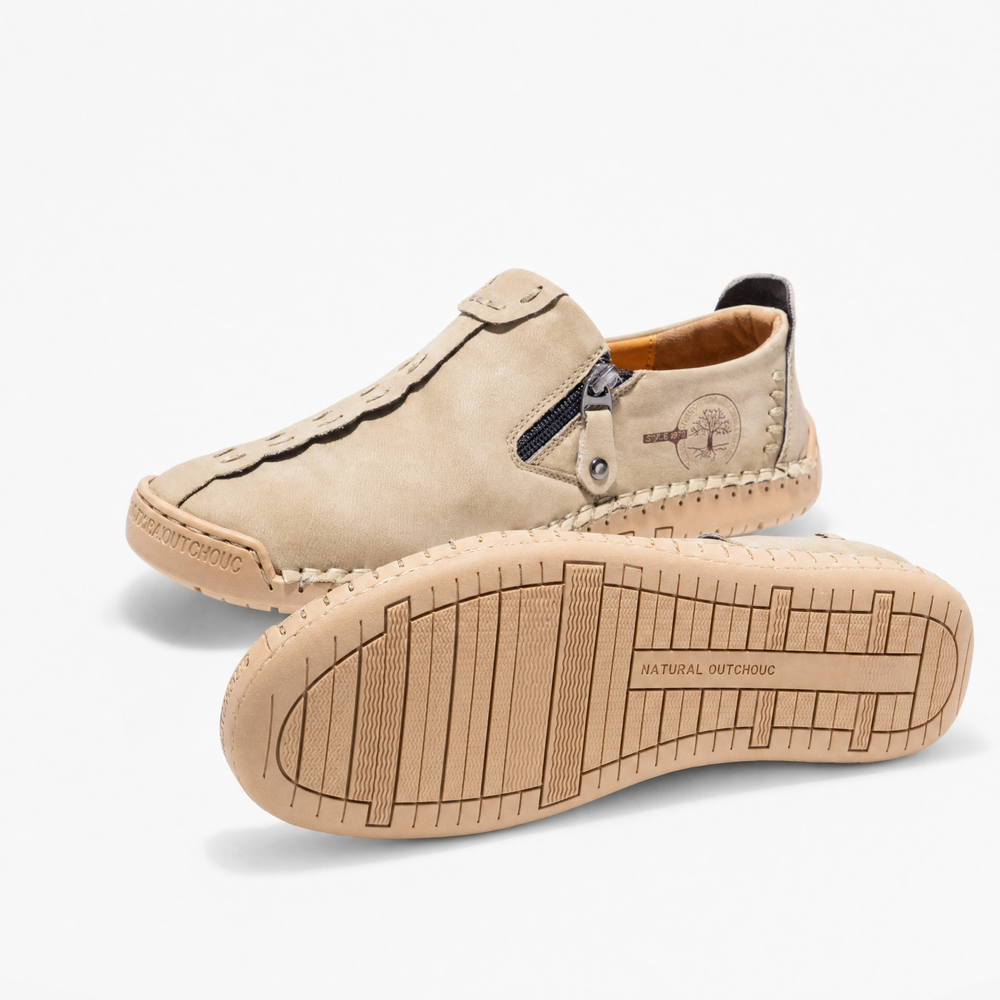 Beige Leather Zip Logo Loafers
