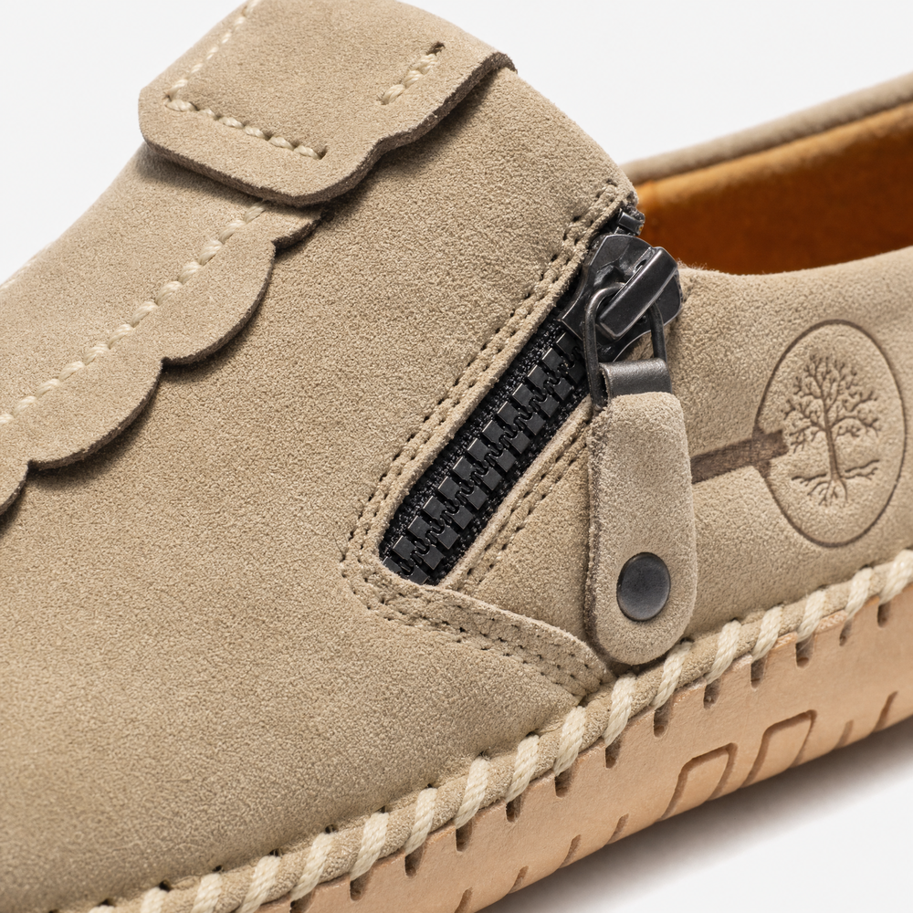 Beige Leather Zip Logo Loafers