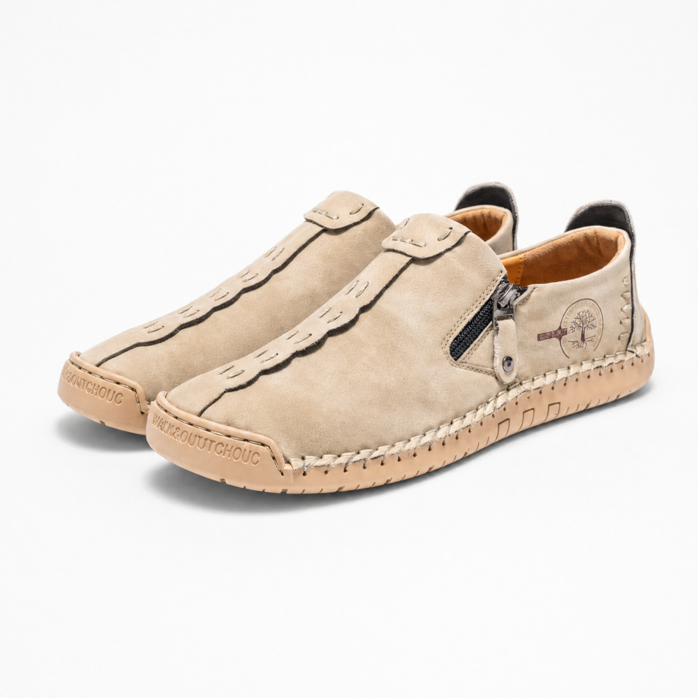 Beige Leather Zip Logo Loafers