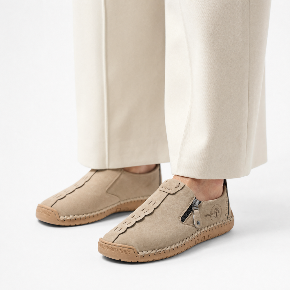 Beige Leather Zip Logo Loafers