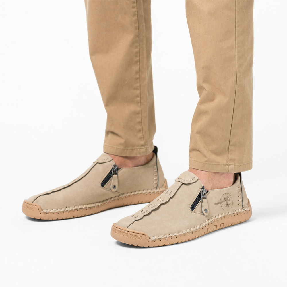 Beige Leather Zip Logo Loafers