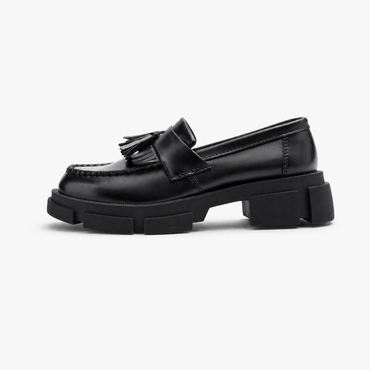 Black Tassel Block Heel Loafers