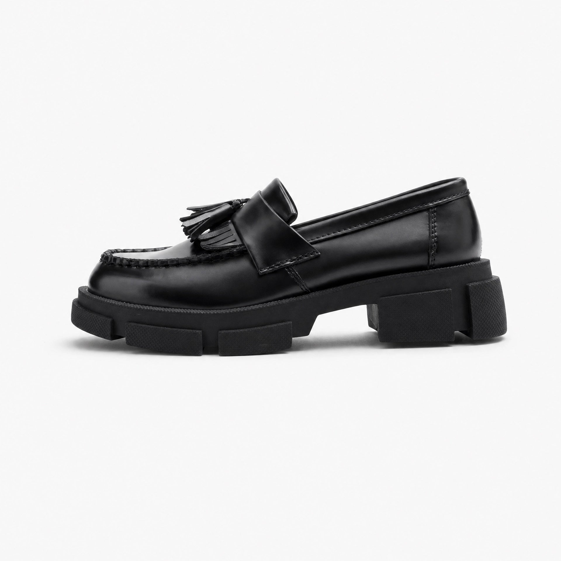 Black Tassel Block Heel Loafers