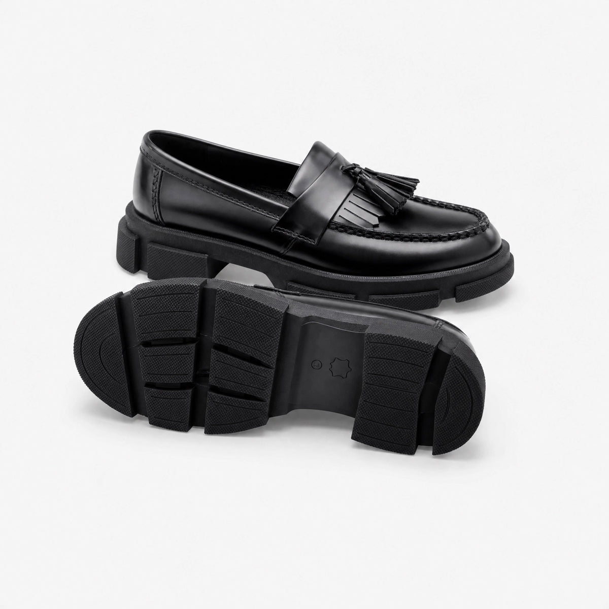 Black Tassel Block Heel Loafers