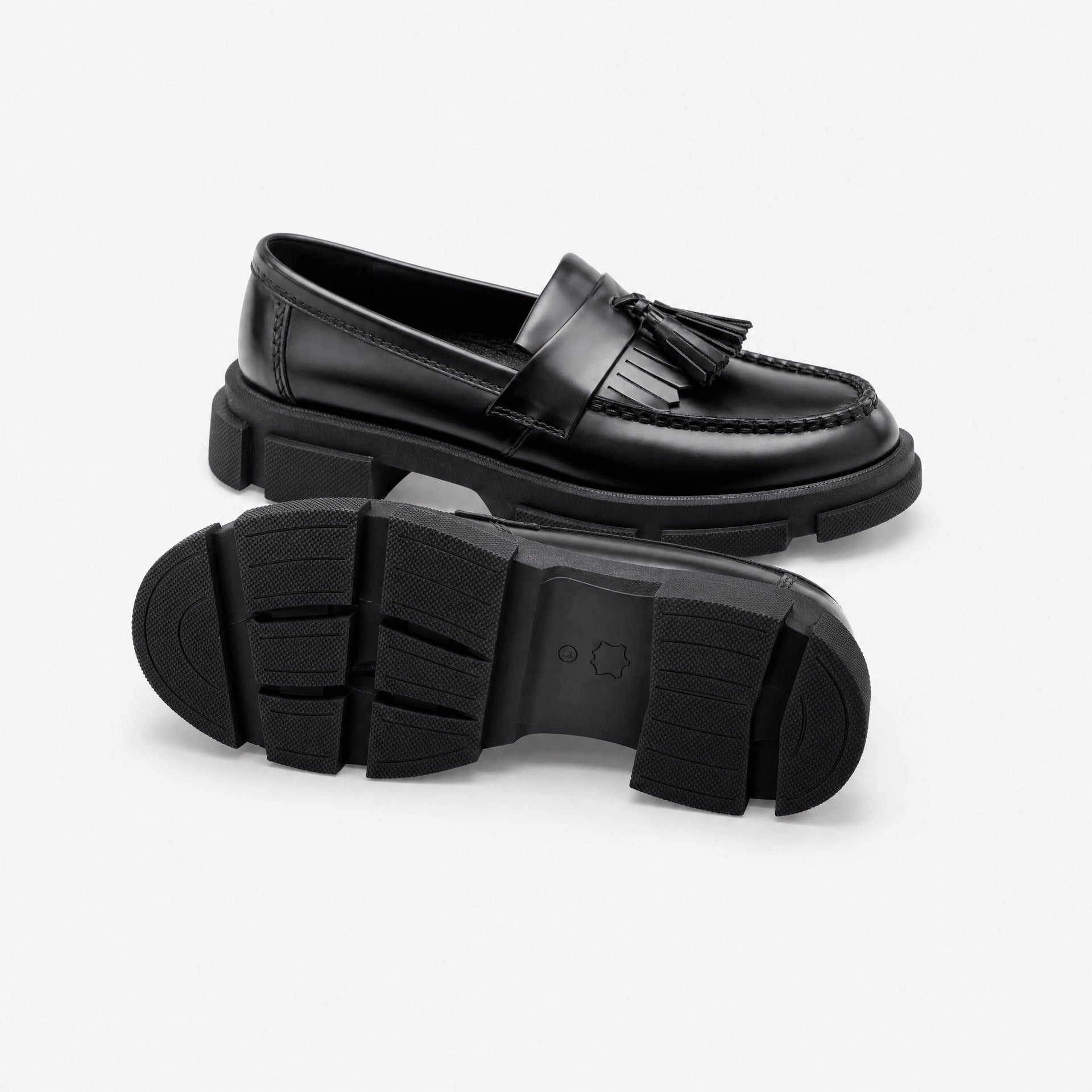 Black Tassel Block Heel Loafers