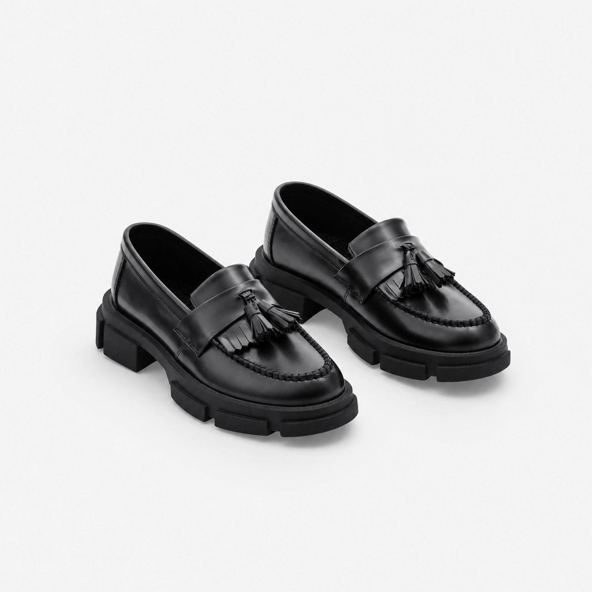 Black Tassel Block Heel Loafers