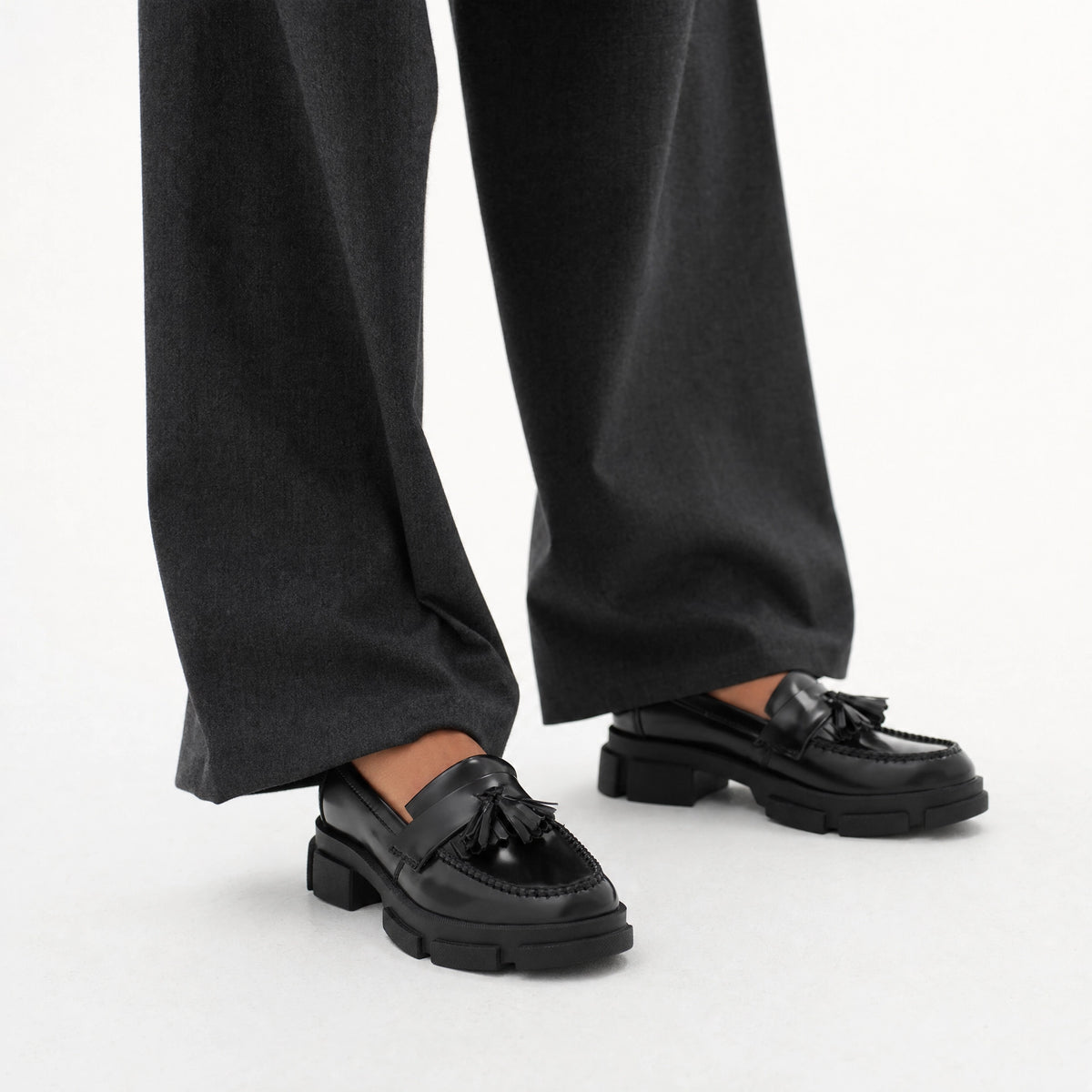 Black Tassel Block Heel Loafers
