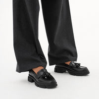 Black Tassel Block Heel Loafers