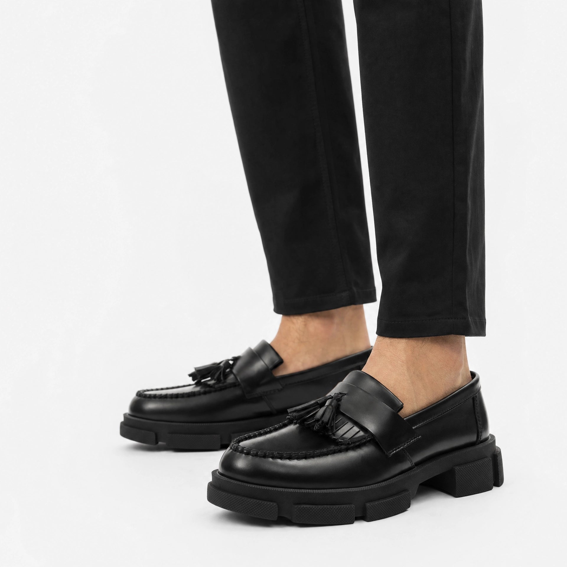 Black Tassel Block Heel Loafers